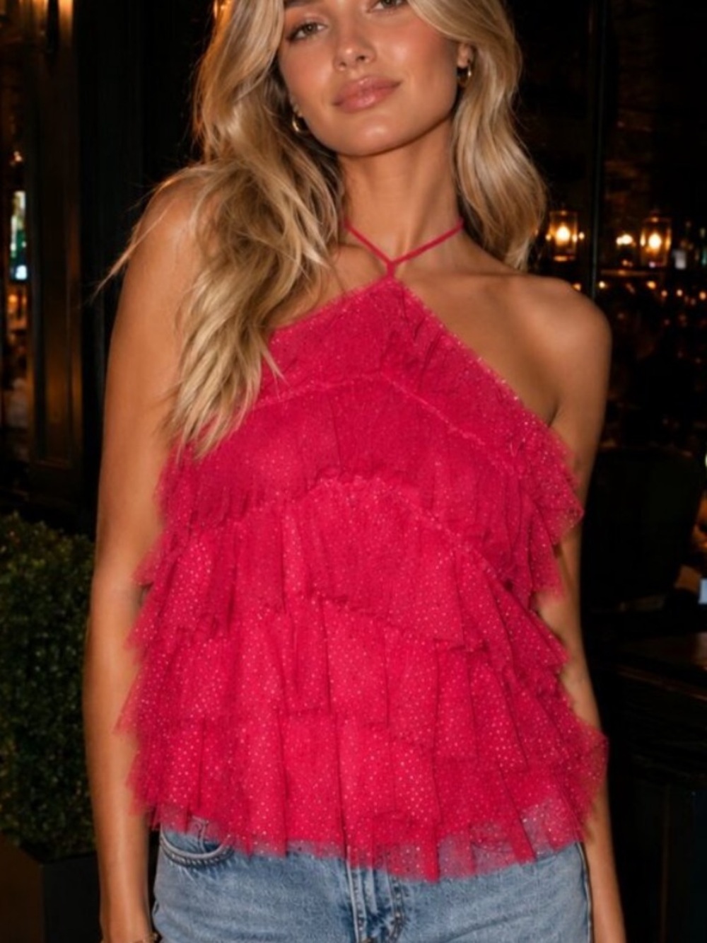 4SI3NNA Hot Pink Ruffle Halter Sleeveless Open Back Top Party Date 39162